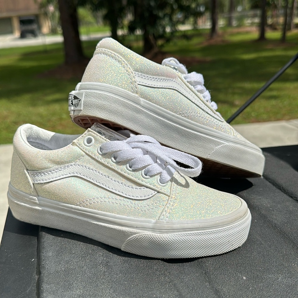 Girls White Glitter Vans NWOT